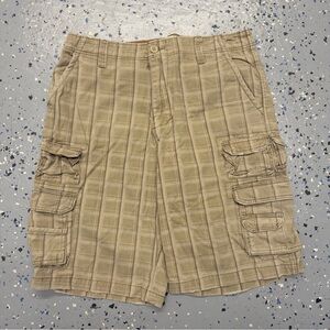 PLUGG Mens Sz 34 Cargo Shorts Beige Plaid Y2K Pockets